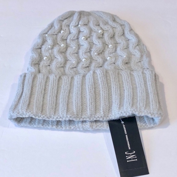 (NWT) INC International Concepts Women's Gray Faux Pearl Beanie Hat - Picture 2 of 7
